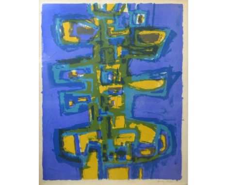 HENRY CLIFFE (British, 1919-1983); a signed limited edition coloured lithograph, abstract study in purple, blue, green and ye