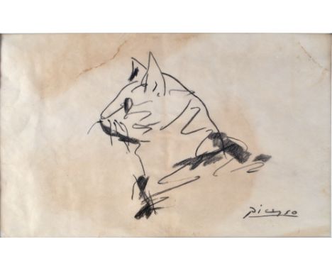 In the manner of PABLO PICASSO; a charcoal sketch of a cat, bearing signature, 20 x 30cm, framed and glazed.