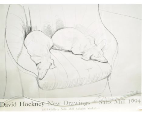 After DAVID HOCKNEY (British, born 1937); a signed poster, 'New Drawings, Salts Mill 1994', 70 x 83cm, framed.