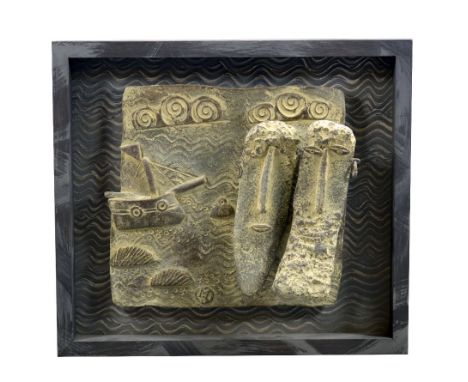 JOHN MALTBY (born 1936); 'A Fisherman and his Wife', a stoneware tile mounted on board and framed, impressed M mark and signe