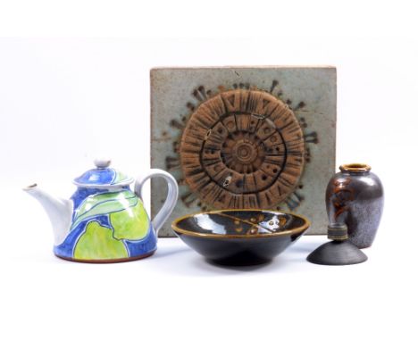 A group of studio ceramics including a small Glyn Hugo pedestal bowl, John Christie vase, Daphne Carnegie teapot, Alan Wallwo