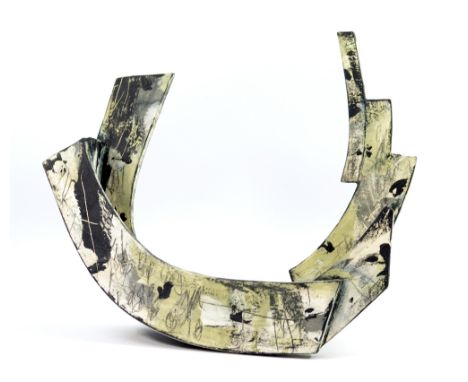 REBECCA APPLEBY (born 1979); a white bodied curved form covered in pale green, black and white slip with ceramic chalk and pe
