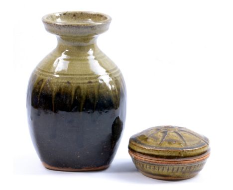 RICHARD BATTERHAM (born 1936); a stoneware vase, green ash glaze leaching into tenmoku, and a box and cover, vase height 19cm