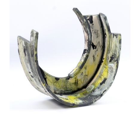 REBECCA APPLEBY (born 1979); a white bodied curved form covered in yellow, black and white slip with ceramic chalk and pencil