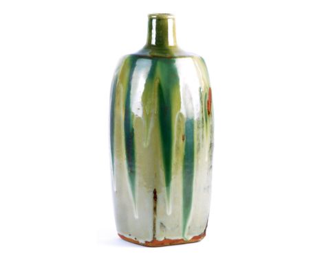 JIM MALONE (born 1946); a tall square stoneware bottle covered in nuka and ash glaze, impressed JM and L for Lessonhall marks