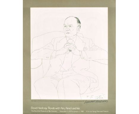 After DAVID HOCKNEY (British, born 1937); a signed black and white poster, 'Sir John Gielgud', 52 x 42cm, framed and glazed.