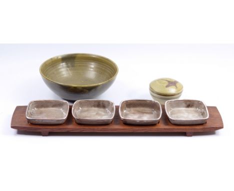 DAVID LEACH (1911-2005) for Lowerdown Pottery; an early set of four tin-glazed earthenware hors d'oeuvres dishes on original 