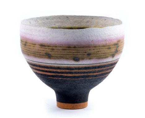 ROBIN WELCH (born 1936); a stoneware pedestal bowl decorated with bands of grey, lilac and black, impressed mark, diameter 22