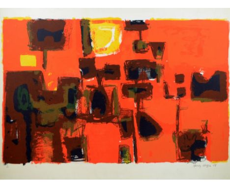 HENRY CLIFFE (1919-1983); a signed limited edition coloured lithograph, abstract study in orange, brown, blue and yellow, sig