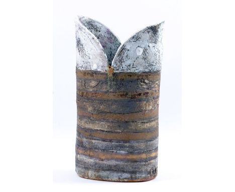 ROBIN WELCH (born 1936); an oval stoneware vessel with V-cut rim, banded and incised decoration, impressed RW and KB marks, h
