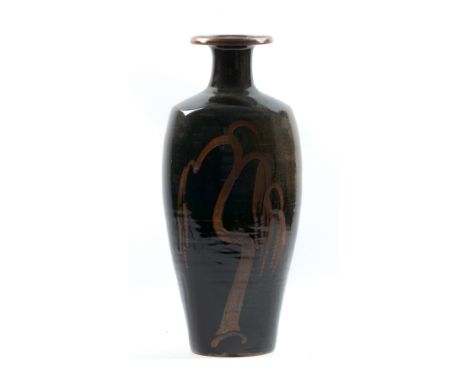 DAVID LEACH (1911-2005) for Lowerdown Pottery; a tall stoneware shouldered bottle covered in tenmoku glaze with willow tree m
