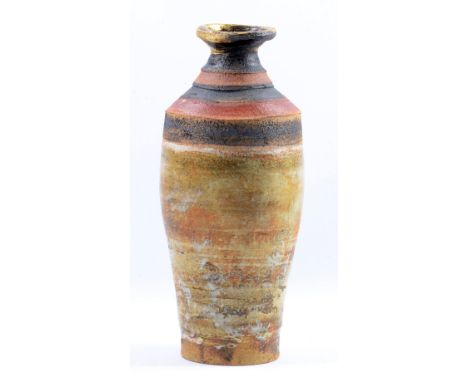 ROBIN WELCH (born 1936); a stoneware bottle with banded decoration and gold rim, impressed RW marks, height 37.5cm. CONDITION