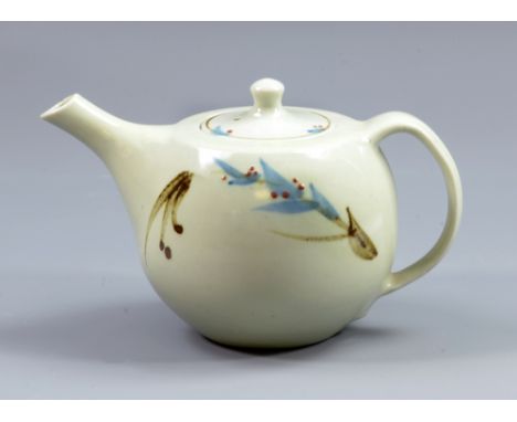 GEOFFREY WHITING (1919-1988) for Avoncroft Pottery; a porcelain teapot covered in celadon glaze with iron and cobalt decorati