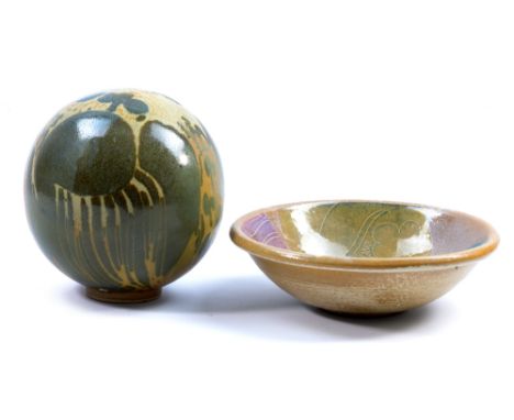 DIANA WORTHY (born 1945) for Crich Pottery; a stoneware dish and globe, incised pottery marks, dish diameter 24.5cm (2). (D) 