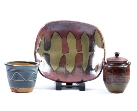 RAY FINCH (1914-2012) for Winchcombe Pottery; a rectangular stoneware dish, wax resist decoration on iron rich ground, 36.5 x