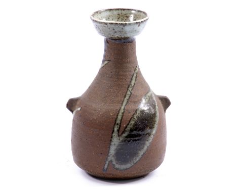JANET LEACH (1918-1997) for Leach Pottery; a stoneware lugged bottle, dolomite decoration on unglazed ground, impressed JL an