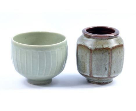 DAVID LEACH (1911-2005) for Lowerdown Pottery; a fluted porcelain bowl covered in celadon glaze and a cut-sided vase covered 