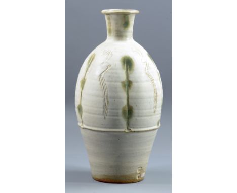 JIM MALONE (born 1946); a stoneware vase covered in cream glaze with incised decoration, impressed JM and A for Ainstable mar