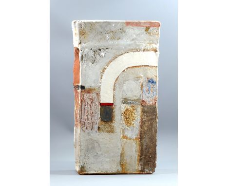 ROBIN WELCH (born 1936); a monumental stoneware slab vase of rectangular form with winged top, textured polychrome surface wi
