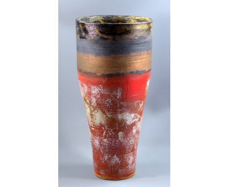 ROBIN WELCH (born 1936); a tall stoneware vase, banded decoration with gold rim and red square, impressed RW mark, height 51c