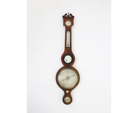 A mahogany veneer banjo barometer by J Torrey & Co, Gloucester, with ebonised wood and ivory detailing 99cm. high