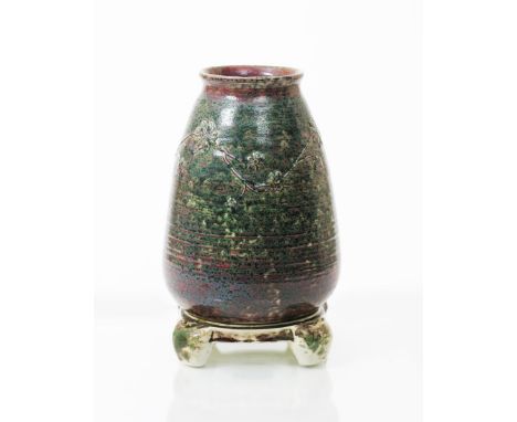 A large Ruskin Pottery high-fired stoneware vase and stand by William Howson Taylor, vase dated 1927, tapering cylindrical fo