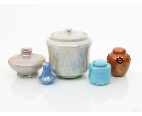 A Ruskin Pottery stoneware caddy by William Howson Taylor, dated 1922, covered in a blue lustre glaze, a Ruskin Pottery pierc