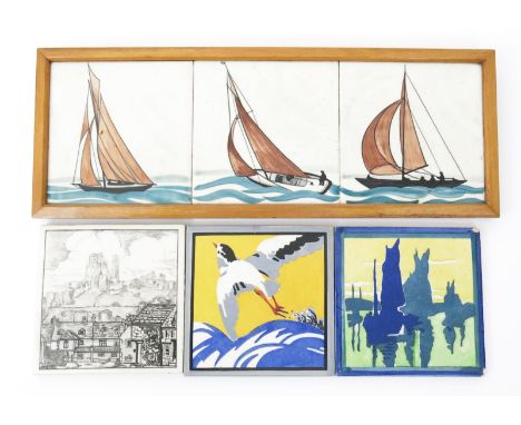 A Carter's Poole Pottery tile, dated 1953, painted en grisaille with Corfe Castle, Dorset, two other Carter's tiles printed i