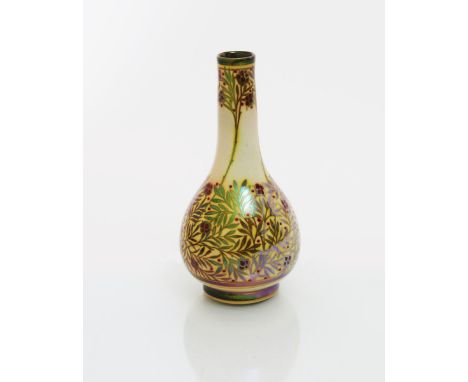 A Pilkington's Lancastrian vase by William S. Mycock, dated 1908, shape no.2364, ovoid with solifleur neck, painted with foli