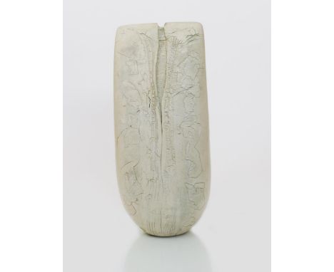 •Peter Hayes (born 1946) a tall white raku vase, dated 1989, sack form, with splits and textured decoration, incised Peter Ha