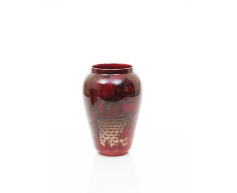 A Bernard Moore vase by  R R Tomlinson, dated 1908, flaring, shouldered cylindrical vase,  painted with a pair of foxes befor