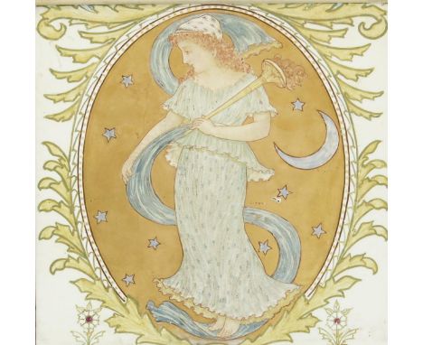 A large Minton Hollins & Co Pre-Raphaelite tile,  painted with a maiden holding a flaming torch before a crescent moon and st