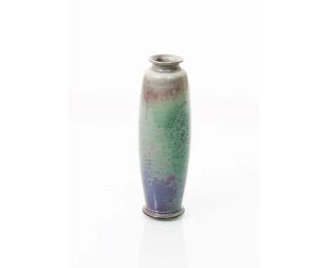 A Ruskin Pottery high-fired stoneware vase by William Howson Taylor, dated 1925, slender, swollen cylindrical form, silver gr