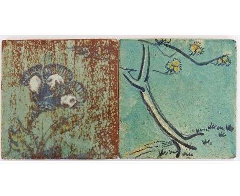 Sylvia Fox Strangeways Two studio pottery tiles  dated 1927 and 1928,  one painted with a blossom tree, the other with a flow
