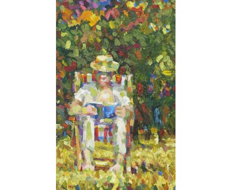 Michael Warren (born 1942) Green Park, 1985 oil on board, framed, and another 'Figures on a Park Bench'  by Michael Warren si