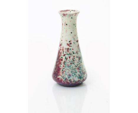 A Ruskin Pottery high-fired stoneware vase by William Howson Taylor, dated 1933, carafe form, white glaze with mottled lavend