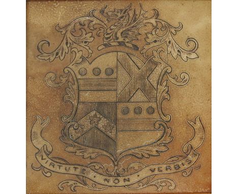 A Martin Brothers stoneware heraldic tile, decorated with coat of arms Virtute Nono Verbis, framed, and another Martin Brothe