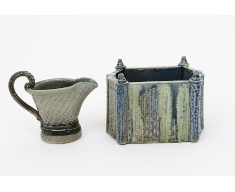 Jane Hamlyn (born 1940) a salt-glazed stoneware vase, shaped square section, a jug similar, a Geoffrey Whiting porcelain teap