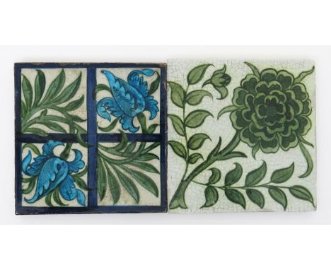 A William De Morgan Tulip & Trellis tile on Poole Architectural blank, painted in shades of blue and green on a white ground 