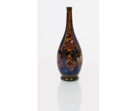A Pilkington's Lancastrian solifleur vase, dated 1911, shape 2581, slender bottle form, painted with fruiting grape vine in r
