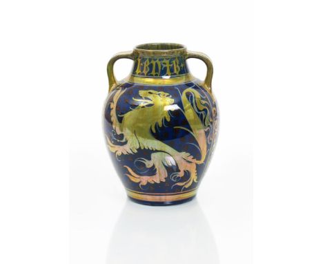 A Pilkington's Lancastrian twin-handled vase by Gordon M. Forsyth,  dated 1910, shouldered form, painted with a lion rampant 