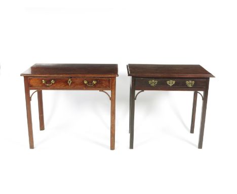 A George III mahogany side table, rectangular on slender legs, with frieze drawer and fret bracket supports, and another larg