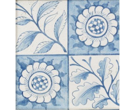 A Longden tile possibly retailed by Morris & Co, decorated with flower and foliate quartered design in blue on a white ground
