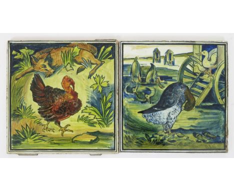 A set of five  large tiles, decorated with ducks and fowl in a farmyard setting, three later framed, an Aesthetic Movement ti
