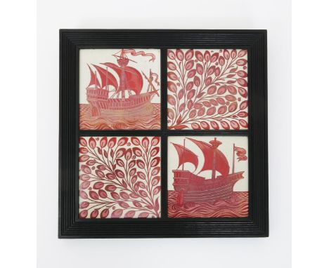 Two William De Morgan Galleon tiles, painted in ruby lustre on a white ground, and two  William De  Morgan ruby lustre tiles,