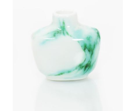 A Royal Doulton Chinese Jade scent bottle by Charles Noke, flattened ovoid covered in a green veined thick white glaze printe