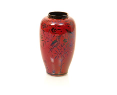 A Pilkington's Lancastrian vase by Richard Joyce, dated 1908, shouldered form, painted with hummingbirds in copper lustre on 