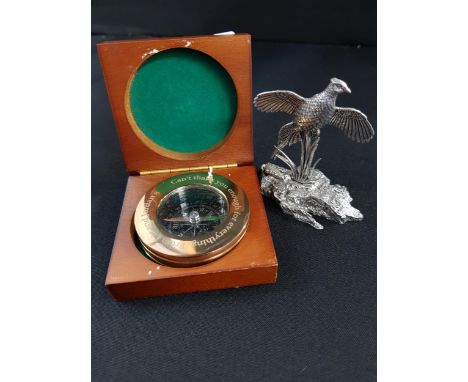 PHEASANT PAPERWEIGHT AND CASED COMPASS 