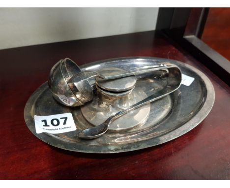 SILVER INKWELL, EP PIN TRAY, TONGS AND LADLES 