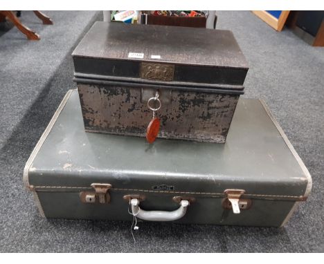VINTAGE SUITCASE AND METAL DEEDS BOX 